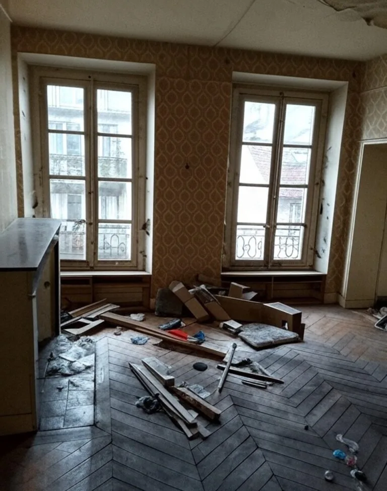 Pièce à vider avant débarras, parquet encombré